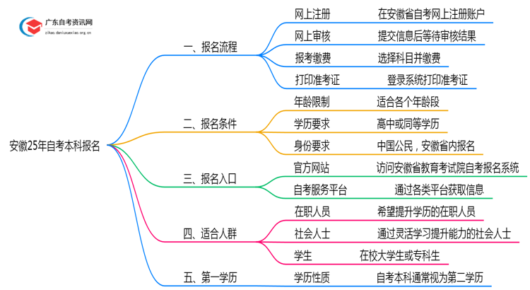 安徽25年自考本科怎么报名？附流程图一览！思维导图